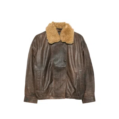R13 Distressed Lambskin With Shearling Collar Jacket In Brown
