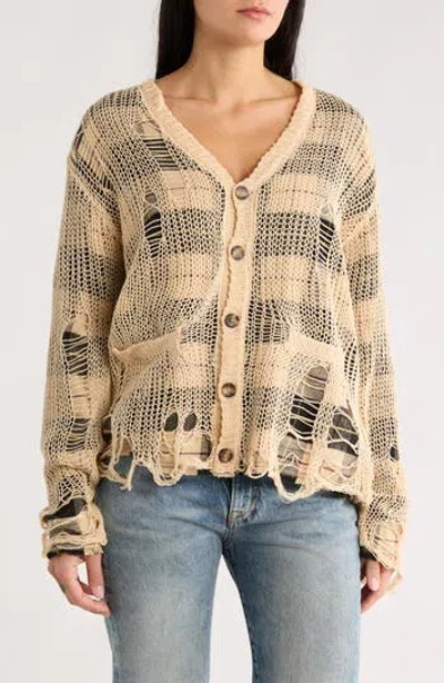 R13 Distressed Overlay Relaxed Flannel Cardigan In Brown