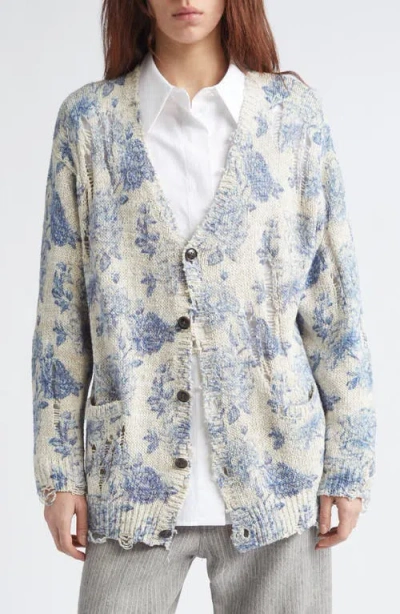 R13 Distressed Oversize Floral Linen Blend Cardigan In Blue