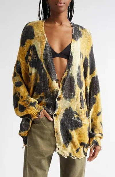 R13 Distressed Oversize Leopard Print Cardigan In Yellow