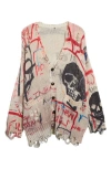 R13 Distressed Oversize Skull Graffiti Print Cardigan In Skull Graffiti Print