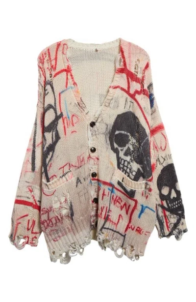 R13 Distressed Oversize Skull Graffiti Print Cardigan