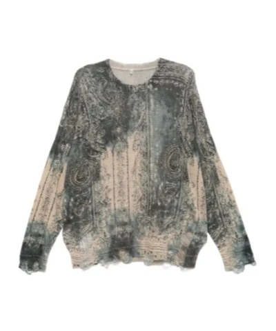 R13 Distressed Paisley Boyfriend Knitted Sweater In Gray