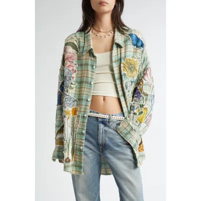 R13 Drop Neck Floral Patch Plaid Button-up Shirt In Light Green Plaid Applique