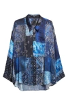 R13 Drop Neck Patchwork Oversize Silk Button-up Shirt In Blue