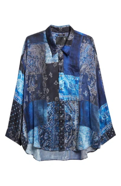 R13 Drop Neck Patchwork Oversize Silk Button-up Shirt In Blue