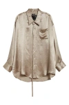 R13 Drop Neck Satin Button-up Shirt With Strap In Beige