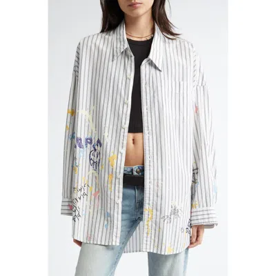 R13 Drop Neck Stripe Scribble Print Button-up Shirt In Navy Stripe Paint Splatter