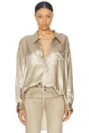 R13 Drop Neck Satin Button-up Shirt With Strap In Beige