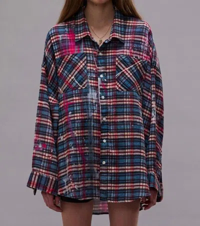 R13 Drop Neck Work Shirt In Blue Plaid