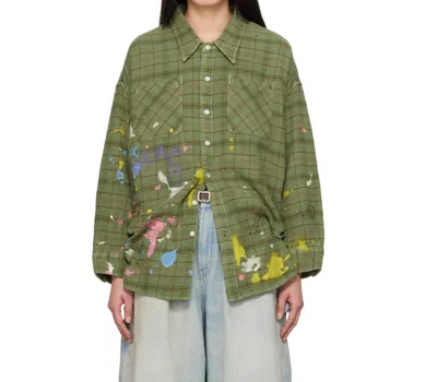 R13 DROP NECK WORKSHIRT IN PLAID WITH PAINT SPLATTER AND SCRIBBLES