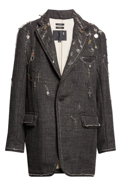R13 Embellished Frayed Edge Ragged Virgin Wool & Linen Blazer In Blue