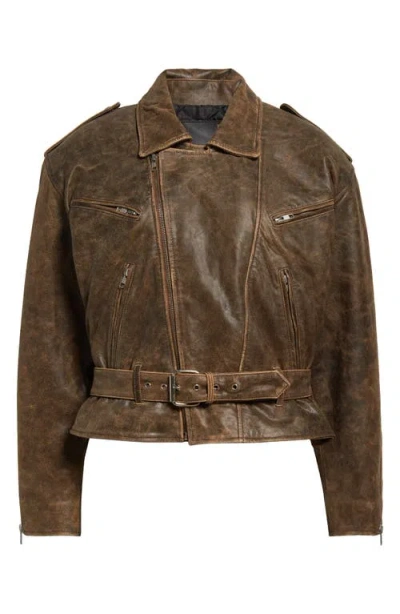 R13 Exaggerated Shoulder Motorcycle Jacket In Brown