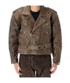 R13 Brown Exaggerated Shoulder Motorcycle Jacket In Brown