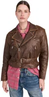 R13 Exaggerated Shoulder Motorcycle Jacket Brown Leather In Brown Leather