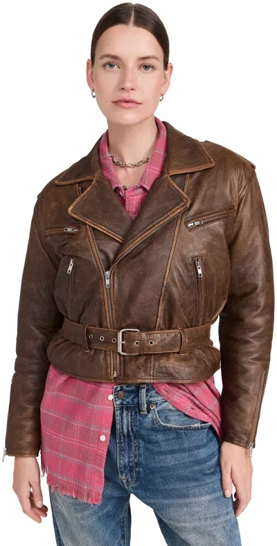 R13 Exaggerated Shoulder Motorcycle Jacket Brown Leather