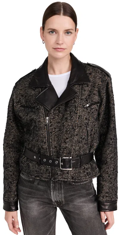 R13 Exaggerated Shoulder Motorcycle Jacket With Cuffs Black Herringbone