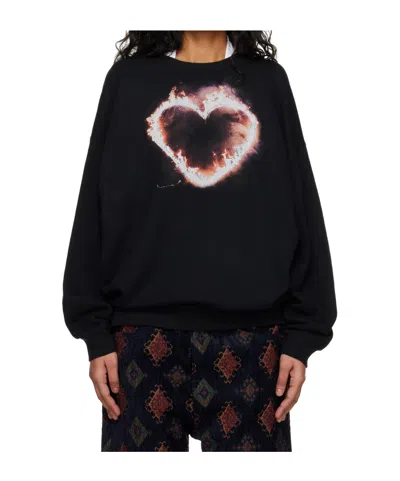 R13 Flaming Heart Oversized Crew Neck Sweatshirt In Black
