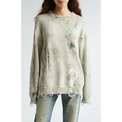 R13 Floral Distressed Cotton Sweater In Cream Bleached Floral