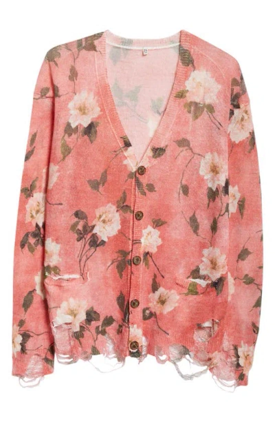 R13 Distressed Floral Boyfriend Cardigan In Red Floral