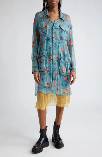 R13 Floral Long Sleeve Double Layer Dress In Blue Floral