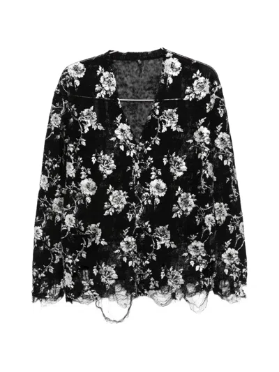 R13 Floral Print Frayed Cardigan In Black