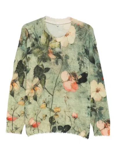 R13 Ripped Floral Cashmere Sweater In Green