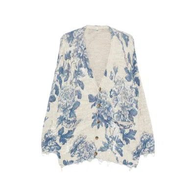 R13 Floral Print Linen-cotton Cardigan In Blue