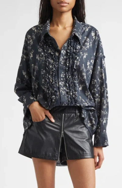 R13 Floral Print Ruffle Cotton Button-up Shirt In Black
