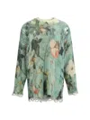 R13 Ripped Floral Oversize Cotton Sweater In Green
