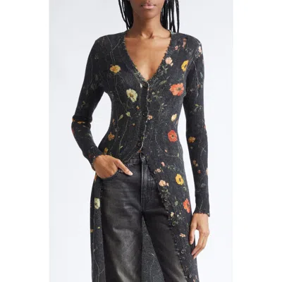 R13 Floral Skinny Long Merino Wool Cardigan In Gray