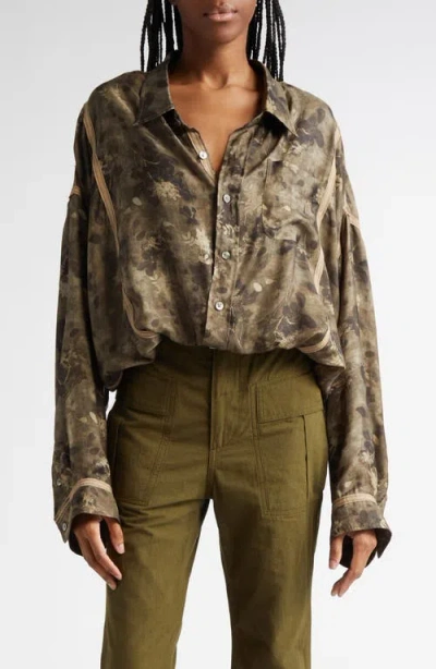 R13 Floral Tapped Crossover Bubble Hem Button-up Shirt In Olive Floral