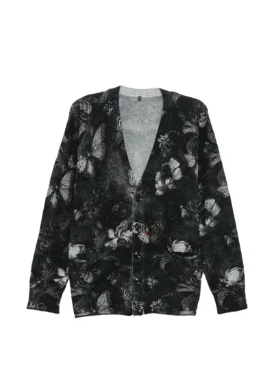 R13 Floral-print Butterfly-pattern Cardigan In Black