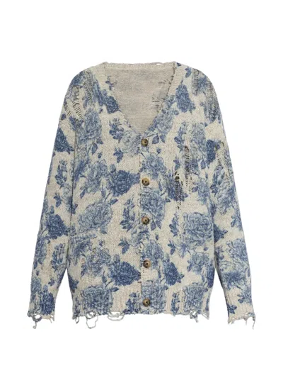 R13 Floral-print Distressed Cardigan In Blue