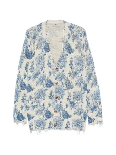 R13 Floral-print Distressed Cardigan In Blue