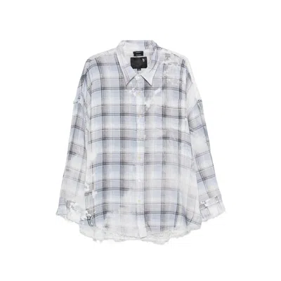 R13 Shredded Seam Drop Neck Plaid Flannel Button-up Shirt In Blue