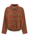 R13 Cropped Check Print Cotton Shirt With Fringed Asymmetric Hem In Red