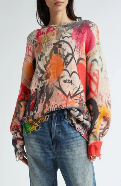 R13 Oversized Distressed Printed Cotton Sweater In Y168a Heart Graffiti Print