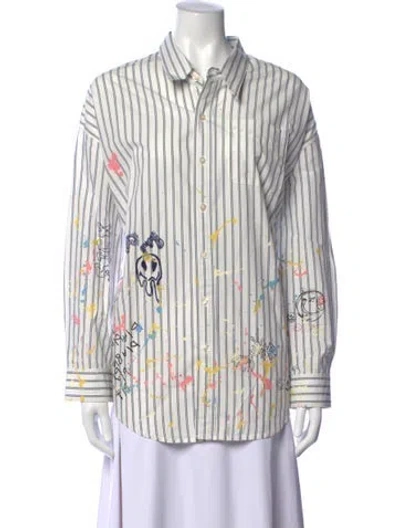 Pre-owned R13 Graphic Print Long Sleeve Button-up Top In White