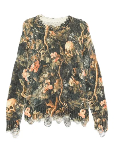 R13 Graphic-print Raw-cut Jumper In Green