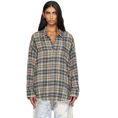 R13 Gray Shredded Seam Drop Neck Shirt In Grey Cream Plaid