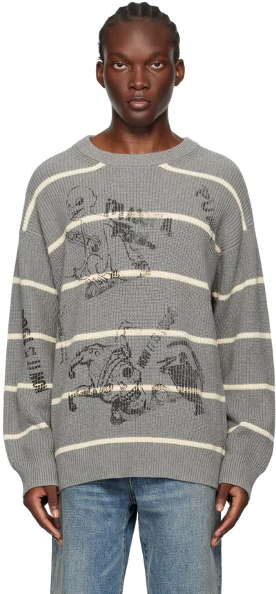 R13 Gray Striped Boyfriend Sweater In Striped Hthr Gry