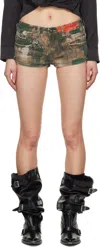 R13 Green & Brown Fitted Boy Micro Denim Shorts In Printed Camo Rose