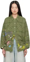 R13 Green Drop Neck Work Shirt In Plaid With Paint Spl