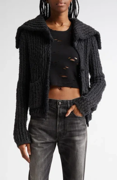 R13 High Neck Shrunken Rib Cardigan In Washed Black