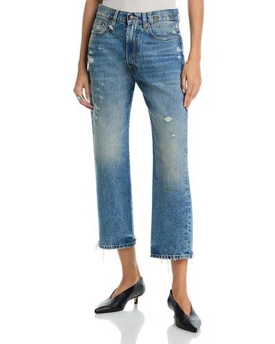 R13 High Rise Boyfriend Ankle Jeans In Bain Blue With Rips