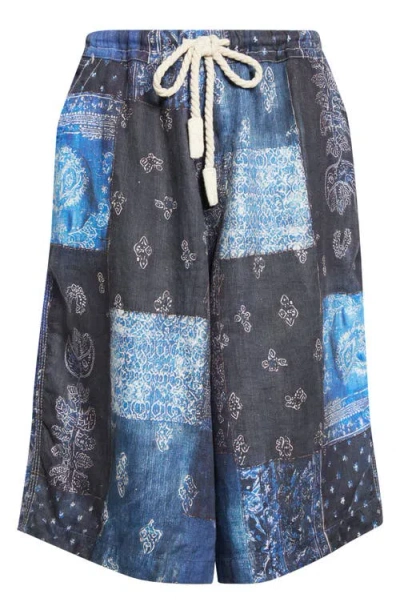 R13 Jesse Bandana Print Linen Carpenter Shorts In Blue