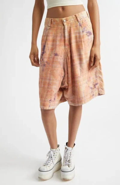 R13 Jesse Plaid Pleated Cotton Wide Leg Carpenter Shorts In Brown