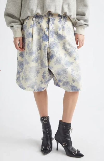R13 Jesse Pleated Floral Denim Carpenter Shorts In Multi