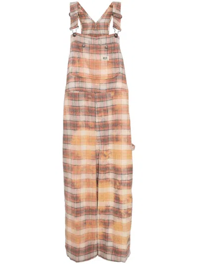 R13 Orange Jumbo Overalls In Bleached Orange Plaid
